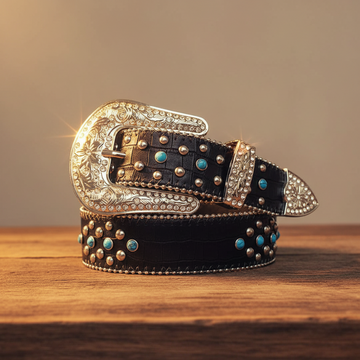 Blue Rhinestones with Black Textured Strap Rhinestone Belt