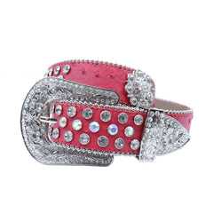 Engraved Buckle Flower Red Strap with Multi and Crystal Studs Rhinestone Belt