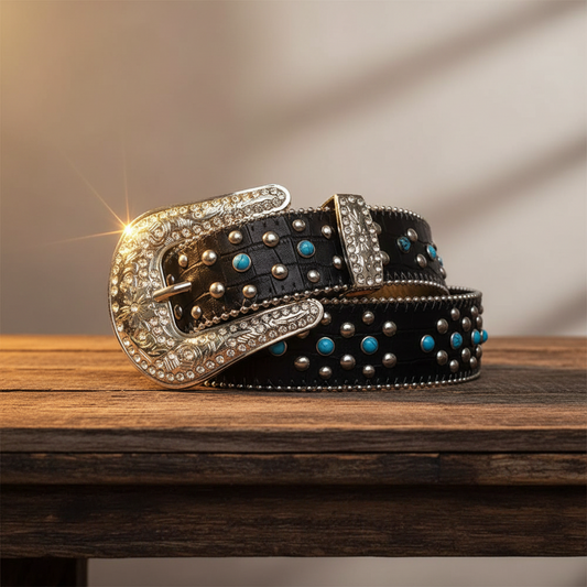 Blue Rhinestones with Black Textured Strap Rhinestone Belt