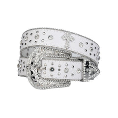 Engraved Buckle Cross White Strap with Crystal Studs Rhinestone Belt