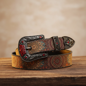 Engraved Buckle Zombie Art with Red Studded Strap Rhinestone Belt – Luxury Handmade Designer Gift Bling Men/Women