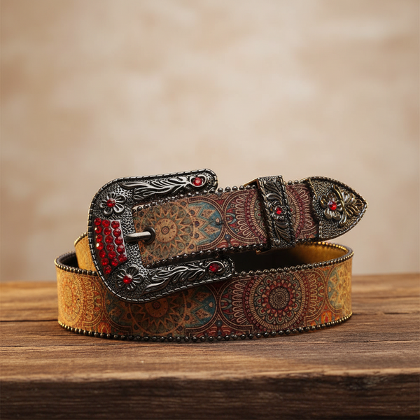 Engraved Buckle Zombie Art with Red Studded Strap Rhinestone Belt