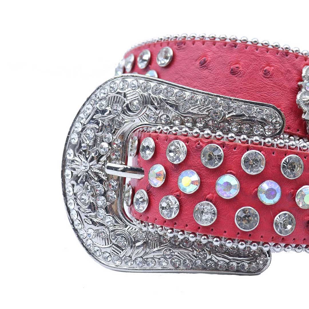 Engraved Buckle Flower Red Strap with Multi and Crystal Studs Rhinestone Belt-Belts-The Rhinestone Belts