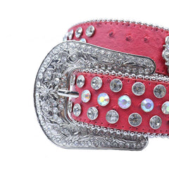 Engraved Buckle Flower Red Strap with Multi and Crystal Studs Rhinestone Belt