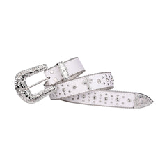 Engraved Buckle Cross White Strap with Crystal Studs Rhinestone Belt