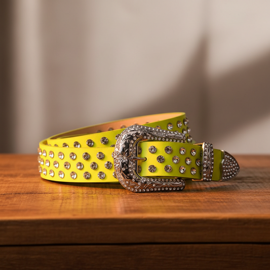 Diamond Rhinestones with Yellow Strap Rhinestone Belt – Luxury Handmade Designer Gift Bling Men/Women