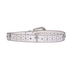 Engraved Buckle Cross White Strap with Crystal Studs Rhinestone Belt