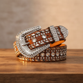 Brown rhinestone belt with silver crystal buckle and studded strap