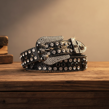 Skull Buckle Black Strap with Crystal Studs Rhinestone Belt – Luxury Handmade Designer Gift Bling