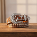 Brown rhinestone belt with silver crystal buckle and oval stud trim