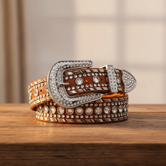 Diamond Rhinestones with Brown Strap Rhinestone Belt