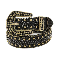 Black Rhinestones and Gold Studs with Black Textured Strap Rhinestone Belt