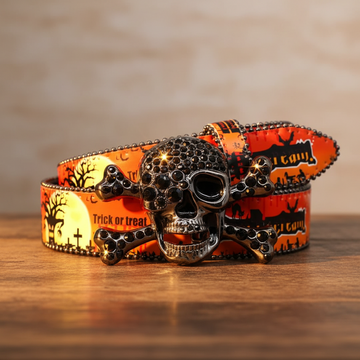 Skull Buckle with OrangeStrap for Halloween Rhinestone Belt