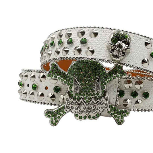 Gengar Green Buckle Metal White Strap with Crystal Studs Rhinestone Belt-Gengar Belts-The Rhinestone Belts