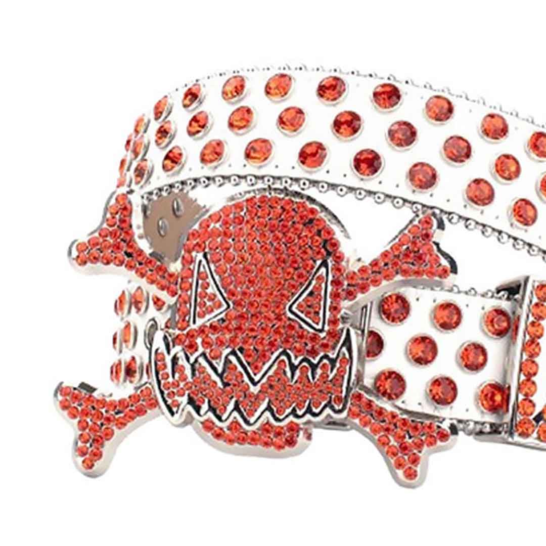 Gengar OrangeBuckle Metal White Strap with Crystal Studs Rhinestone Belt-Gengar Belts-The Rhinestone Belts