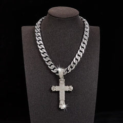 Rhinestone Cuban Link Chain Cross Pendant Necklace