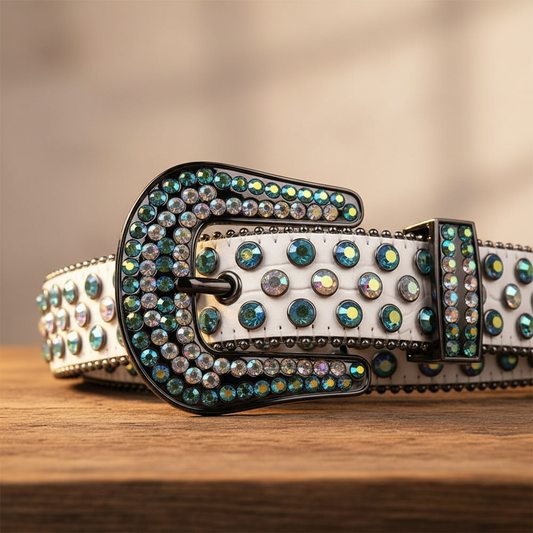 Blue Multi-Color Rhinestones with White Strap Rhinestone Belt – Luxury Handmade Designer Gift Bling Men Women