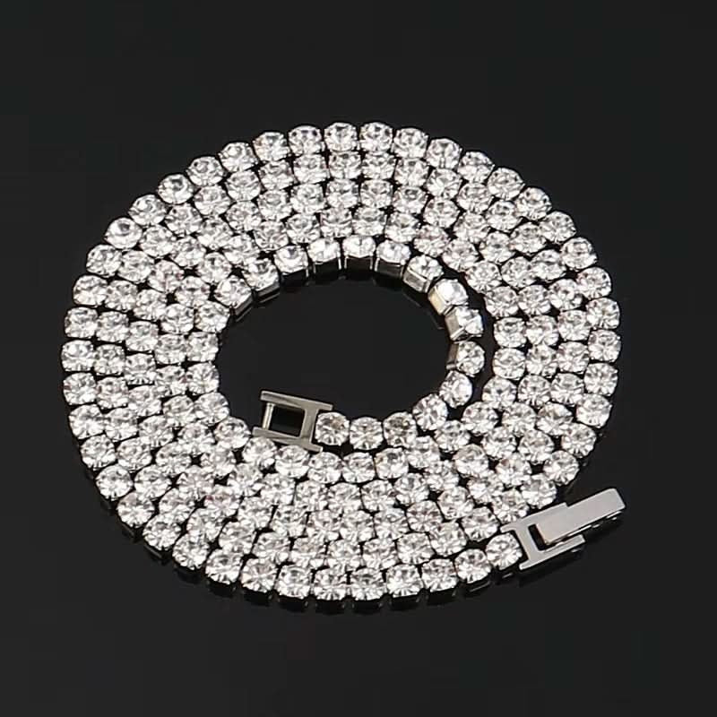 Rhinestone tennis chain necklace, clear crystals with silver-tone links and L-shaped clasp