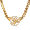 Round tree-of-life pendant necklace on gold-tone link chain with zircon edging