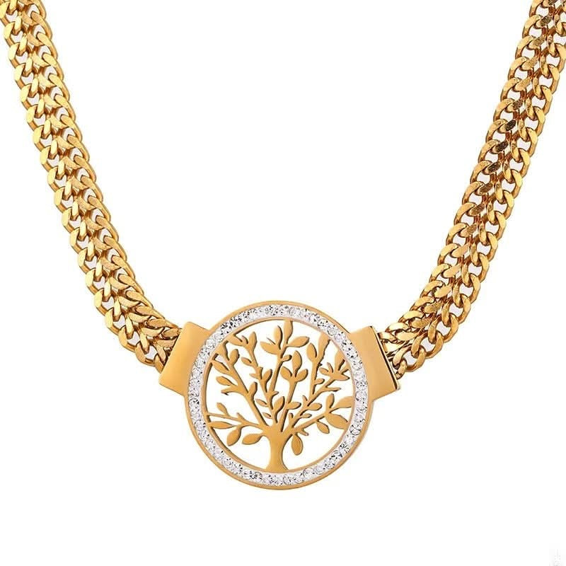 Round tree-of-life pendant necklace on gold-tone link chain with zircon edging