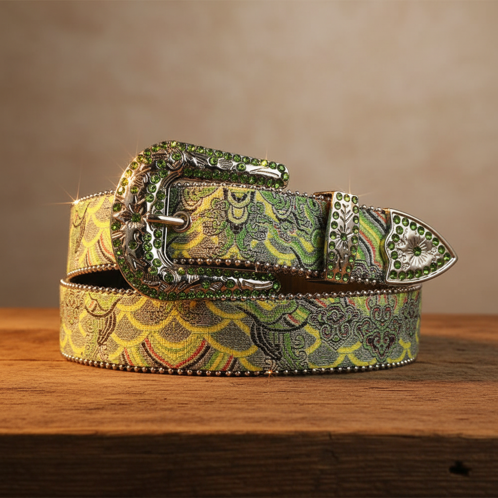 Studded art-style belt with silver engraved buckle, green strap, and decorative border