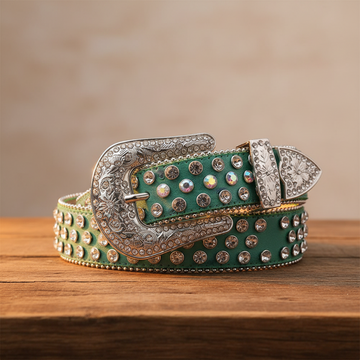 Engraved Buckle Flower Green Strap with Multi and Crystal Studs Rhinestone Belt