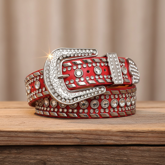 Diamond and Silver Studs with Red Strap Rhinestone Belt – Luxury Handmade Designer Gift Bling Men/Women