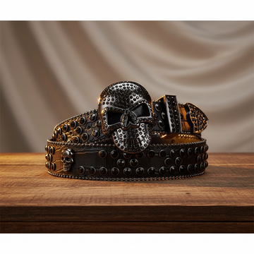Skull Buckle Black Strap with Black Studs Rhinestone Belt – Luxury Handmade Designer Gift Bling