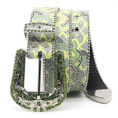 Art Style Engraved Buckle with Green Strap Rhinestone Belt