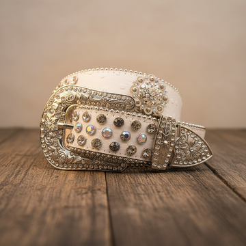 Engraved Buckle Flower White Strap with Multi and Crystal Studs Rhinestone Belt