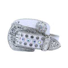 Engraved Buckle Flower White Strap with Multi and Crystal Studs Rhinestone Belt