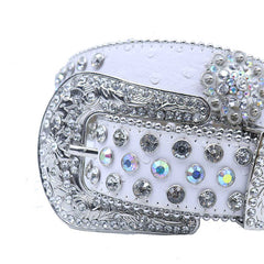 Engraved Buckle Flower White Strap with Multi and Crystal Studs Rhinestone Belt