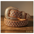 Cowgirl rhinestone belt with brown glitter strap, crystal-studded buckle and border