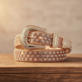 Cowgirl rhinestone belt with brown glitter strap, oval crystal-studded center buckle