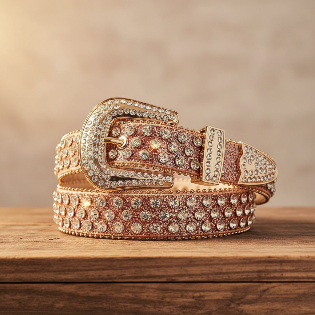 Cowgirl rhinestone belt with brown glitter strap, oval crystal-studded center buckle