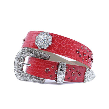 Engraved Buckle Flower Red Strap with Red Studded Design Rhinestone Belt-Belts-The Rhinestone Belts