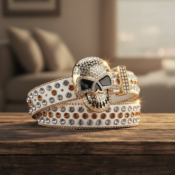 Skull Buckle White Strap with Crystal and Gold Studs Rhinestone Belt