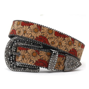 Flower Art Engraved Buckle with White Strap Rhinestone Belt-Belts-The Rhinestone Belts