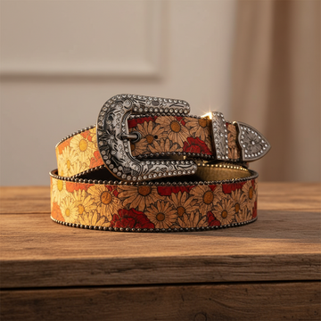Blumenkunst-gravierte Schnalle mit weißem Riemen-Strassgürtel