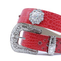 Engraved Buckle Flower Red Strap with Red Studded Design Rhinestone Belt-Belts-The Rhinestone Belts