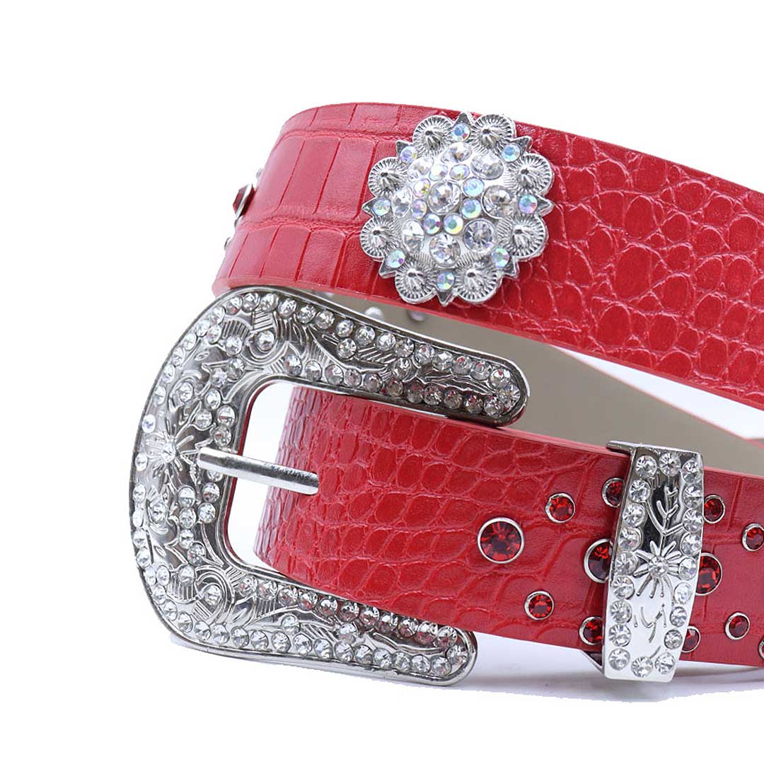 Engraved Buckle Flower Red Strap with Red Studded Design Rhinestone Belt-Belts-The Rhinestone Belts