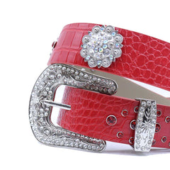 Engraved Buckle Flower Red Strap with Red Studded Design Rhinestone Belt