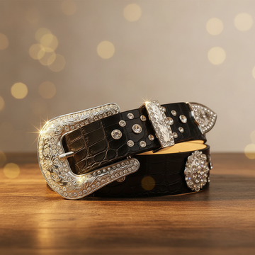 Engraved Buckle Flower Black Strap with Crystal Studs Rhinestone Belt