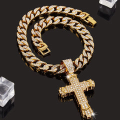 Rhinestone Cuban Link Chain Cross Pendant Necklace