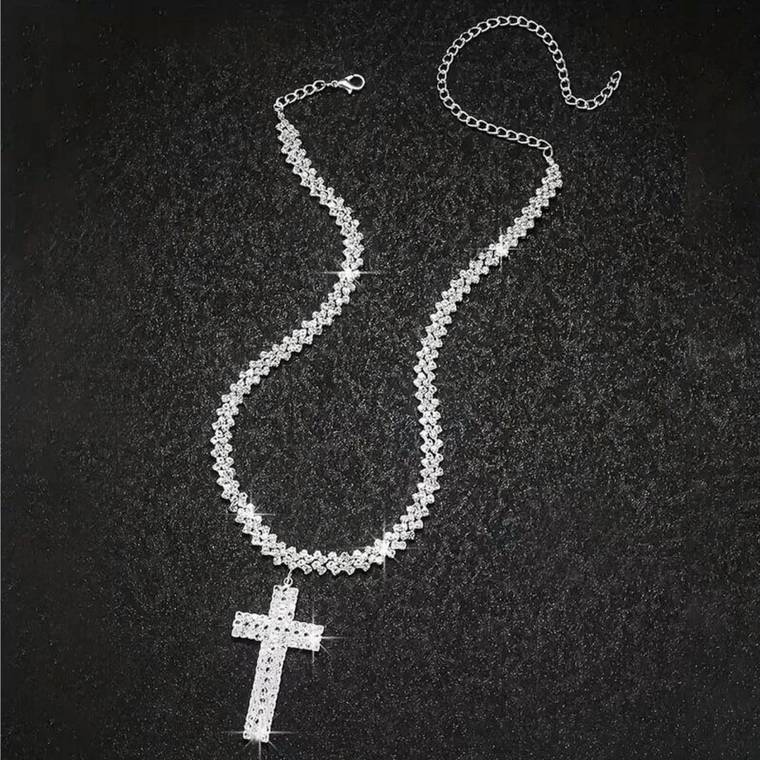 Silver Luxury Multilayer Rhinestone Cross Pendant Necklace-Rhinestone Cross Pendants-The Rhinestone Belts
