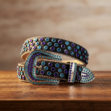 Nieten-Gürtel in Blau und Lila mit glänzend schwarzem Riemen und Strass
