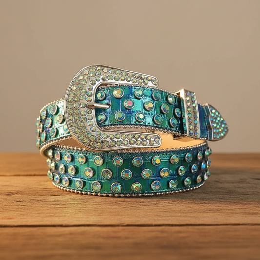 Green Chromatic Multi-Color Rhinestones with Green Chromatic Strap Rhinestone Belt – Luxury Handmade Designer Gift Bling Men/Women