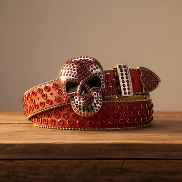 Skull Buckle Red Strap with Red Studs Rhinestone Belt – Luxury Handmade Designer Gift Bling