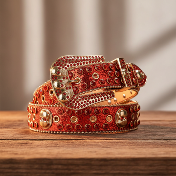 Skull Buckle Shiny Red Strap with Red Studs Rhinestone Belt
