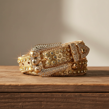 Skull Buckle Gold Strap with Crystal Studs Rhinestone Belt